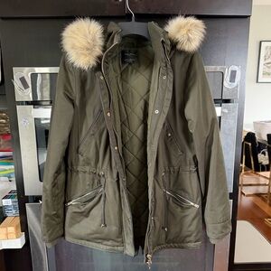 Zara Olive Green Utility Jacket with Detachable Fur Hood